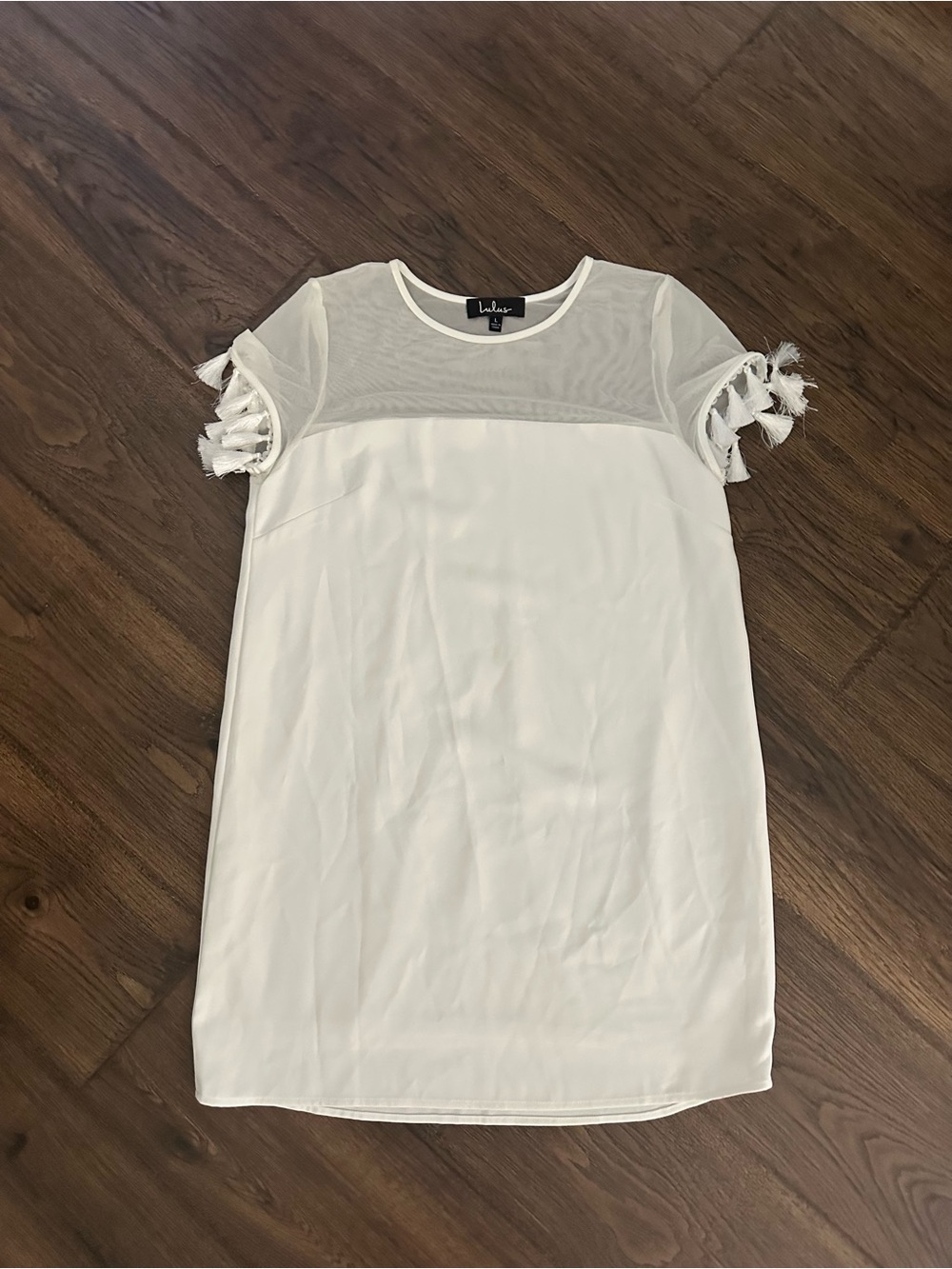 Lulus White Mesh Shift Dress with Tassel Sleeves - Size Large